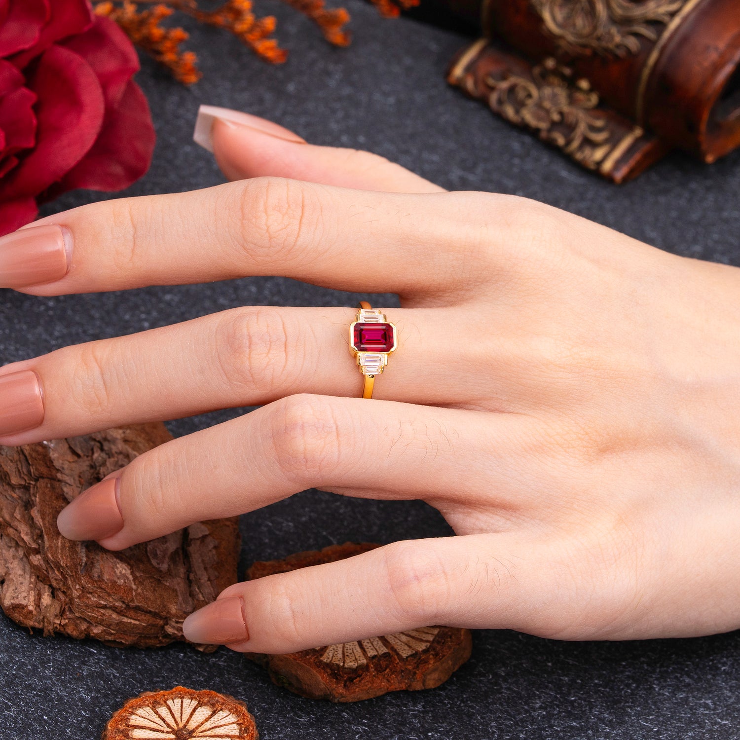 Emerald Cut Baguette Side Stones Ruby Engagement Ring