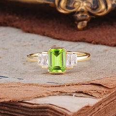 Emerald Cut Baguette Side Stones Peridot Engagement Ring