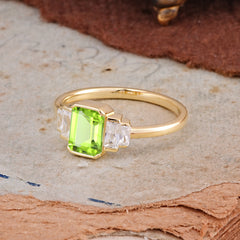 Emerald Cut Baguette Side Stones Peridot Engagement Ring