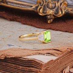 Emerald Cut Baguette Side Stones Peridot Engagement Ring