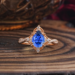 Nature Leaf Ring Pear Cut Sapphire Engagement Ring