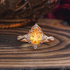 Nature Leaf Ring Pear Cut Citrine Engagement Ring