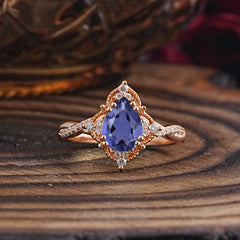 Nature Leaf Ring Pear Cut Tanzanite Engagement Ring