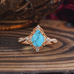 Nature Leaf Ring Pear Cut Turquoise Engagement Ring