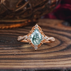 Nature Leaf Ring Pear Cut Natural Moss Agate Engagement Ring