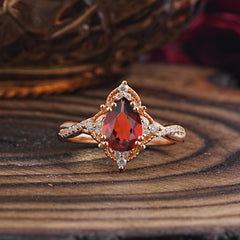 Nature Leaf Ring Pear Cut Garnet Engagement Ring