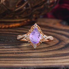 Nature Leaf Ring Pear Cut Amethyst Engagement Ring