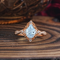 Nature Leaf Ring Pear Cut Aquamarine Engagement Ring