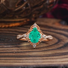 Nature Leaf Ring Pear Cut Emerald Engagement Ring