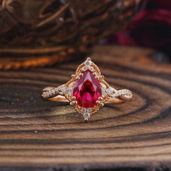 Nature Leaf Ring Pear Cut Ruby Engagement Ring