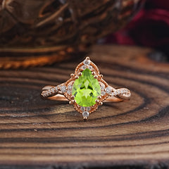 Nature Leaf Ring Pear Cut Peridot Engagement Ring
