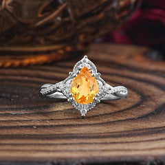 Nature Leaf Ring Pear Cut Citrine Engagement Ring
