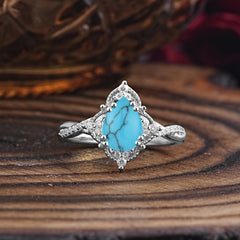 Nature Leaf Ring Pear Cut Turquoise Engagement Ring