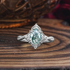 Nature Leaf Ring Pear Cut Natural Moss Agate Engagement Ring