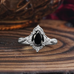 Nature Leaf Ring Pear Cut Black Onyx Engagement Ring