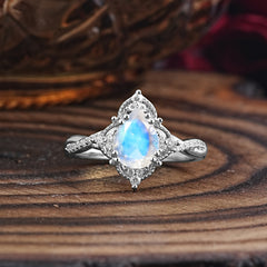 Nature Leaf Ring Pear Cut Moonstone Engagement Ring