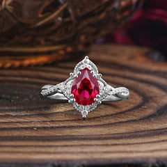 Nature Leaf Ring Pear Cut Ruby Engagement Ring
