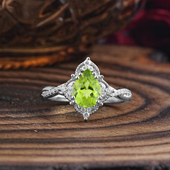 Nature Leaf Ring Pear Cut Peridot Engagement Ring