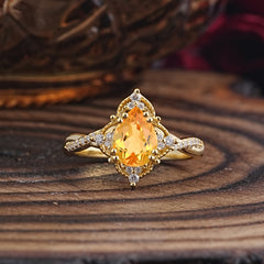 Nature Leaf Ring Pear Cut Citrine Engagement Ring
