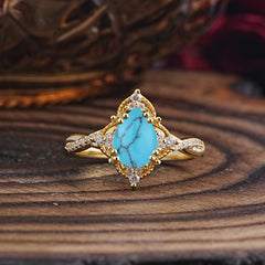 Nature Leaf Ring Pear Cut Turquoise Engagement Ring