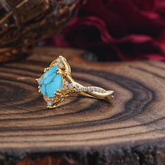 Nature Leaf Ring Pear Cut Turquoise Engagement Ring