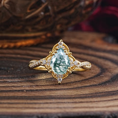 Nature Leaf Ring Pear Cut Natural Moss Agate Engagement Ring