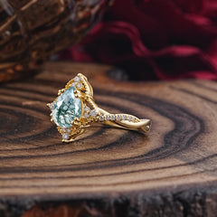 Nature Leaf Ring Pear Cut Natural Moss Agate Engagement Ring