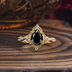Nature Leaf Ring Pear Cut Black Onyx Engagement Ring