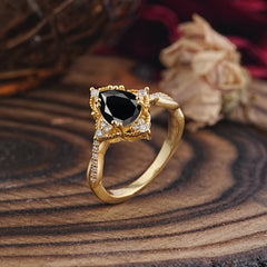 Nature Leaf Ring Pear Cut Black Onyx Engagement Ring