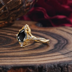 Nature Leaf Ring Pear Cut Black Onyx Engagement Ring