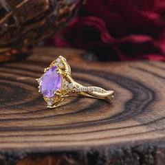 Nature Leaf Ring Pear Cut Amethyst Engagement Ring