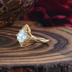 Nature Leaf Ring Pear Cut Aquamarine Engagement Ring