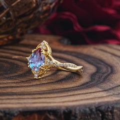Nature Leaf Ring Pear Cut Alexandrite Engagement Ring