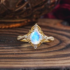 Nature Leaf Ring Pear Cut Moonstone Engagement Ring