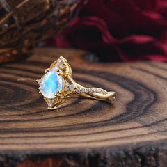 Nature Leaf Ring Pear Cut Moonstone Engagement Ring