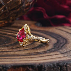 Nature Leaf Ring Pear Cut Ruby Engagement Ring