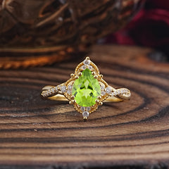Nature Leaf Ring Pear Cut Peridot Engagement Ring