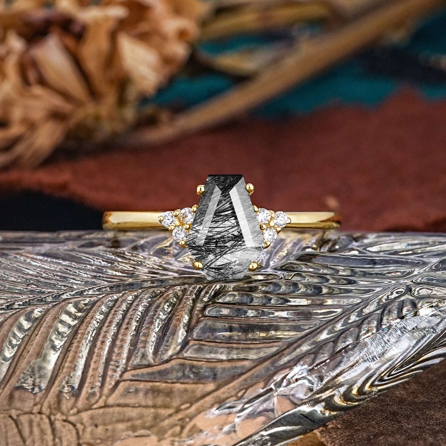 Minimalist 4-Prong Coffin-Cut Black Rutilated Quartz Engagement Ring