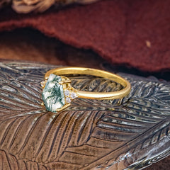 Minimalist 4-Prong Coffin-Cut Natural Moss Agate Engagement Ring