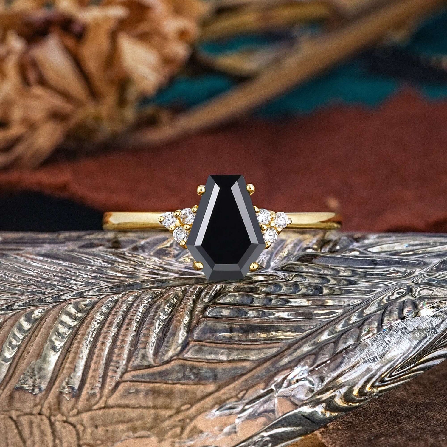 Minimalist 4-Prong Coffin-Cut Black Onyx Engagement Ring