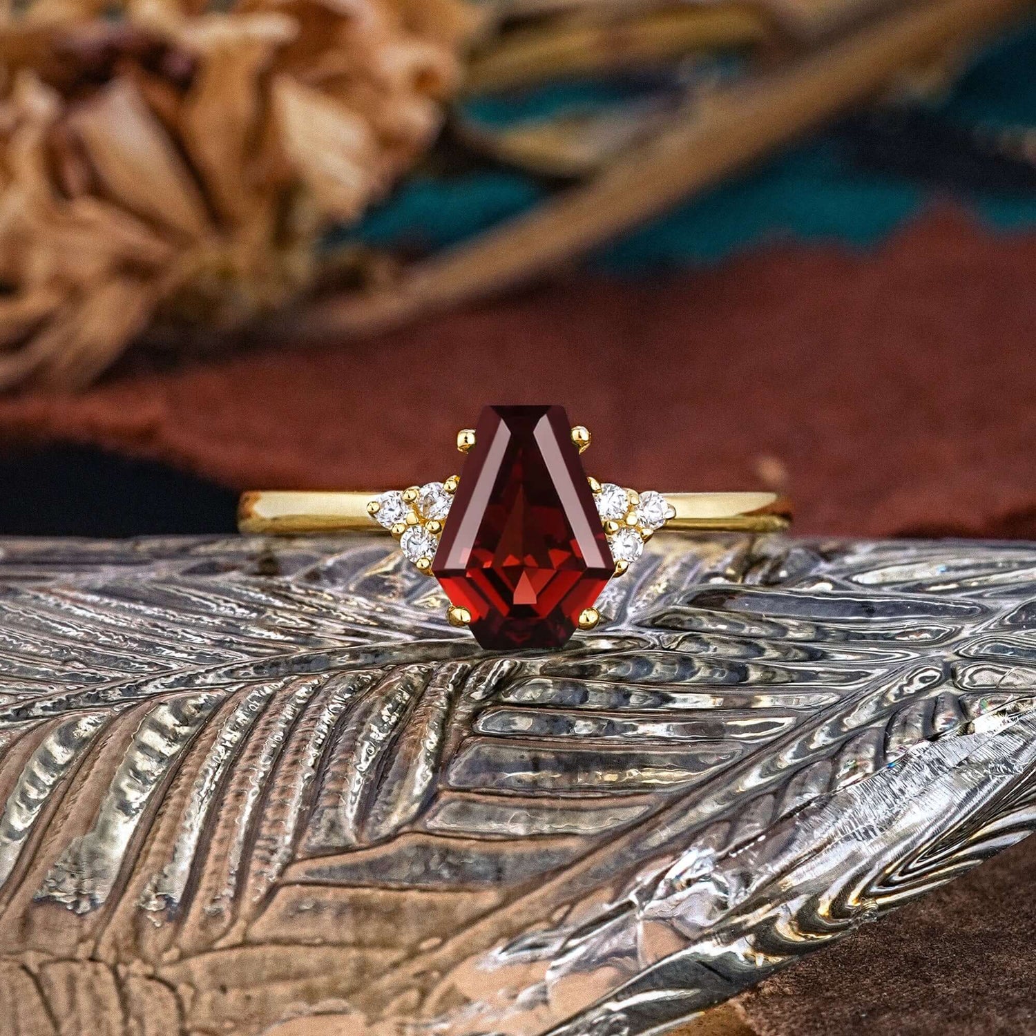 Minimalist 4-Prong Coffin-Cut Natural Garnet Engagement Ring
