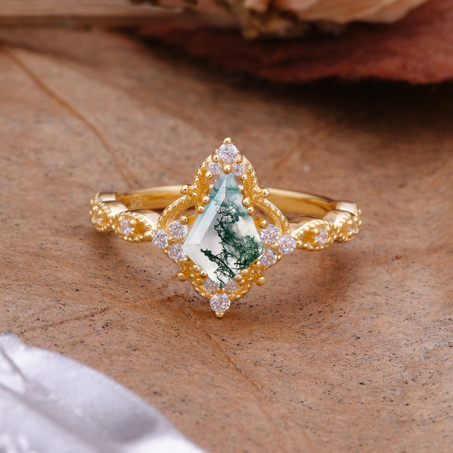 Vintage Luxe Kite-Cut Natural Moss Agate Engagement Ring