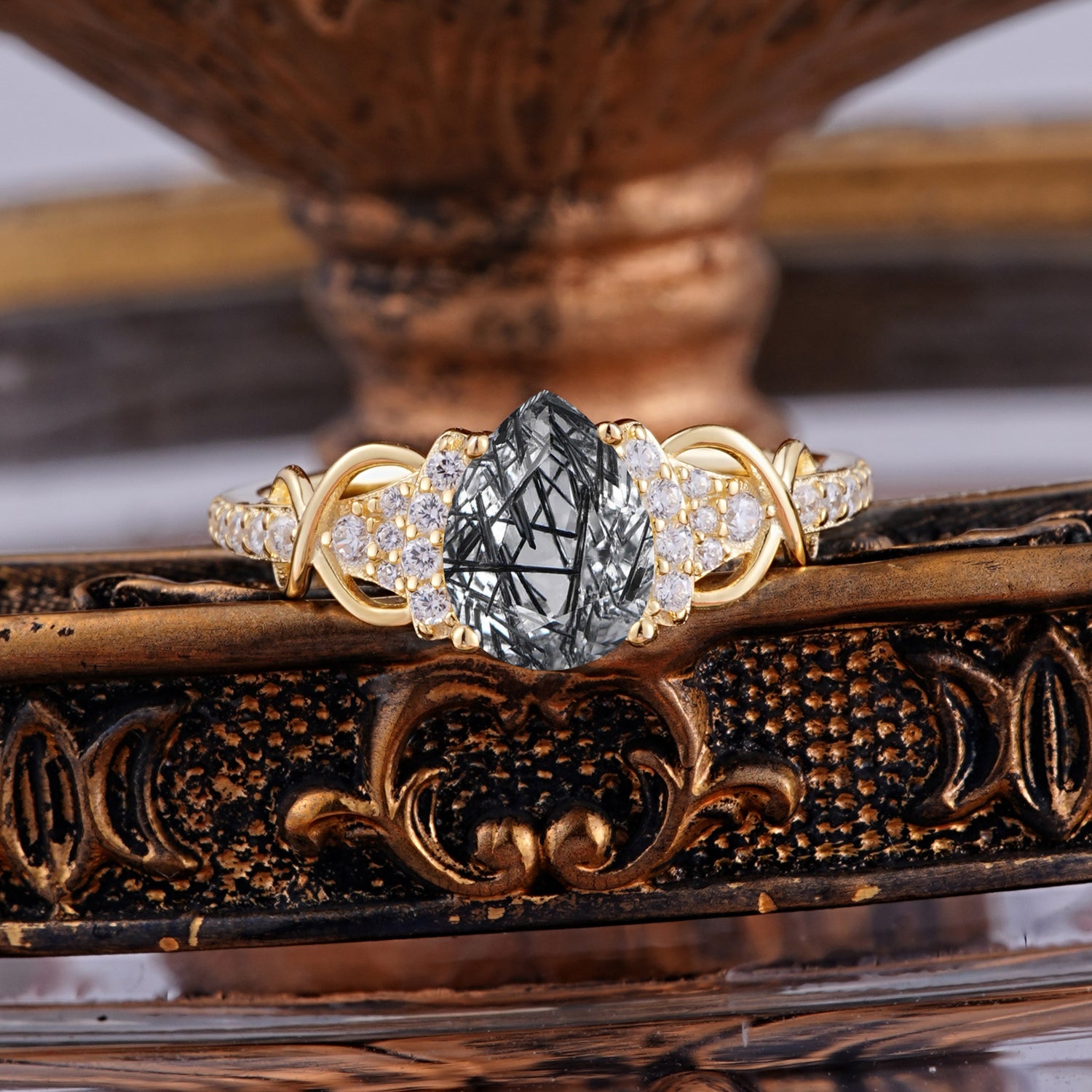 Luxury 4-Prong Pear-Shaped Black Rutilated Quartz Engagement Ring