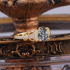 Luxury 4-Prong Pear-Shaped Black Rutilated Quartz Wedding Ring