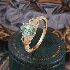 Luxury 4-Prong Pear-Shaped Natural Moss Agate Wedding Ring