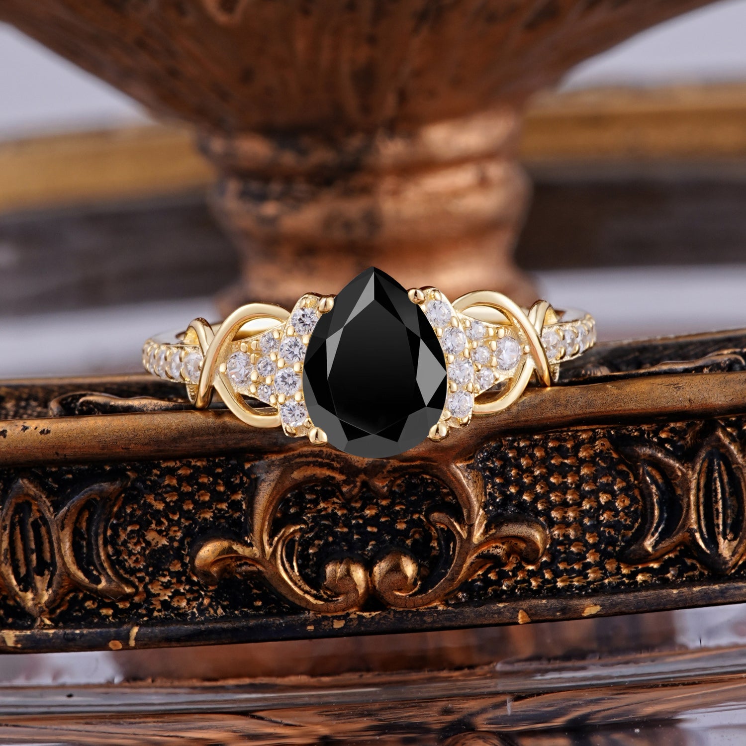 Luxury 4-Prong Pear-Shaped Black Onyx Engagement Ring