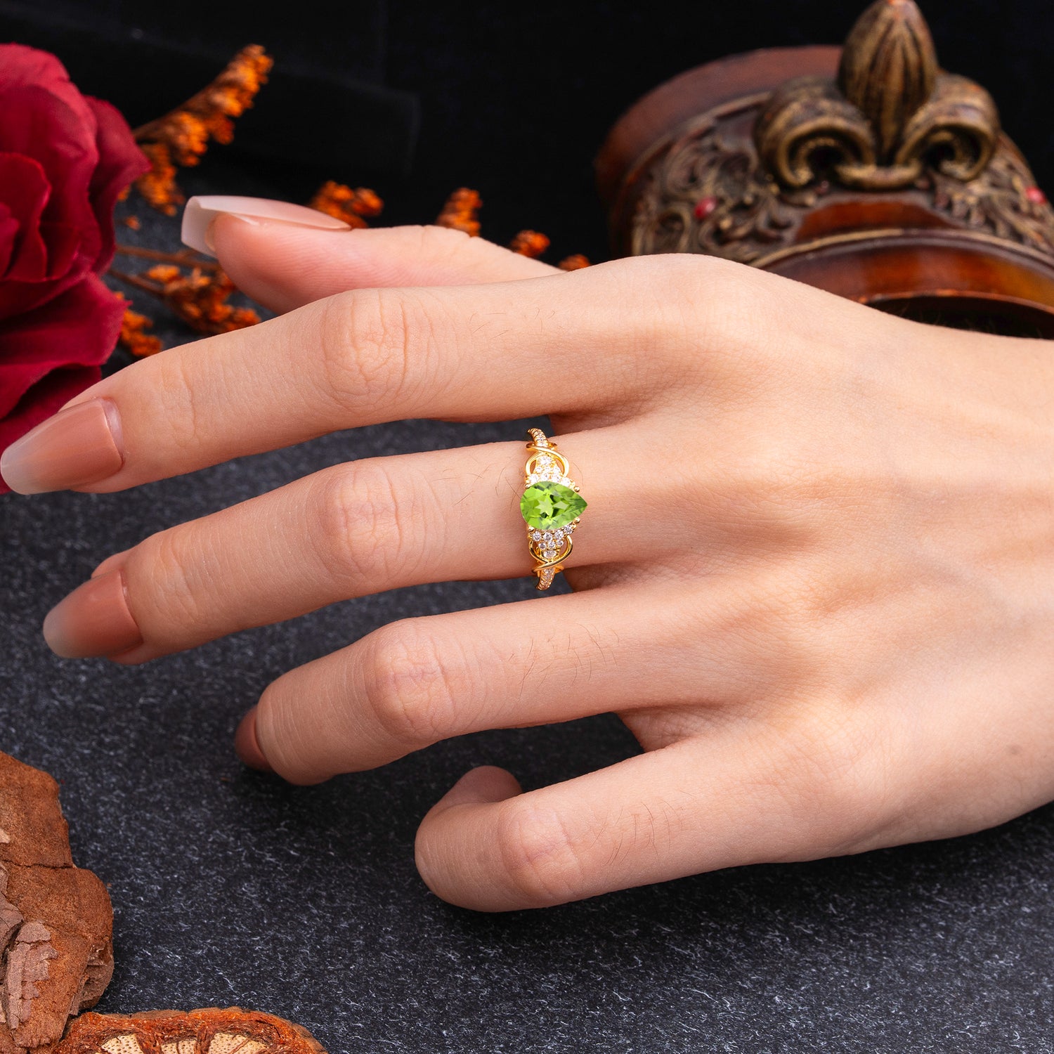 Luxury 4-Prong Pear-Shaped Peridot Engagement Ring