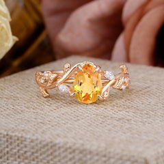4 Prong Nature Inspired Pear Cut Citrine Leaf Gold Engagement Ring