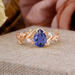 4 Prong Nature Inspired Pear Cut Tanzanite Leaf Gold Engagement Ring