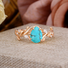 4 Prong Nature Inspired Pear Cut Turquoise Leaf Gold Engagement Ring